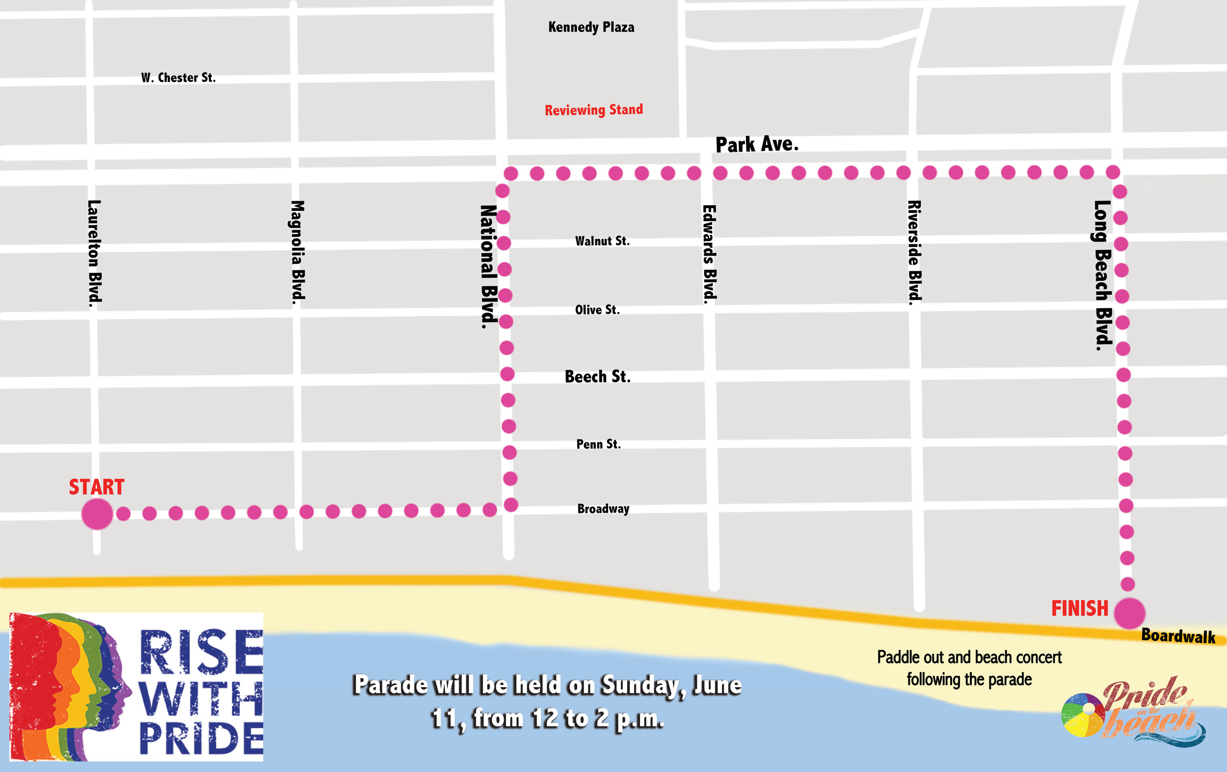 The Rise with Pride parade runs from noon to 1:15 p.m., and will feature floats, performers, student and professional marching bands, and more. The parade will close roads along the route. It will be followed by a beach concert from 1 to 6 p.m.